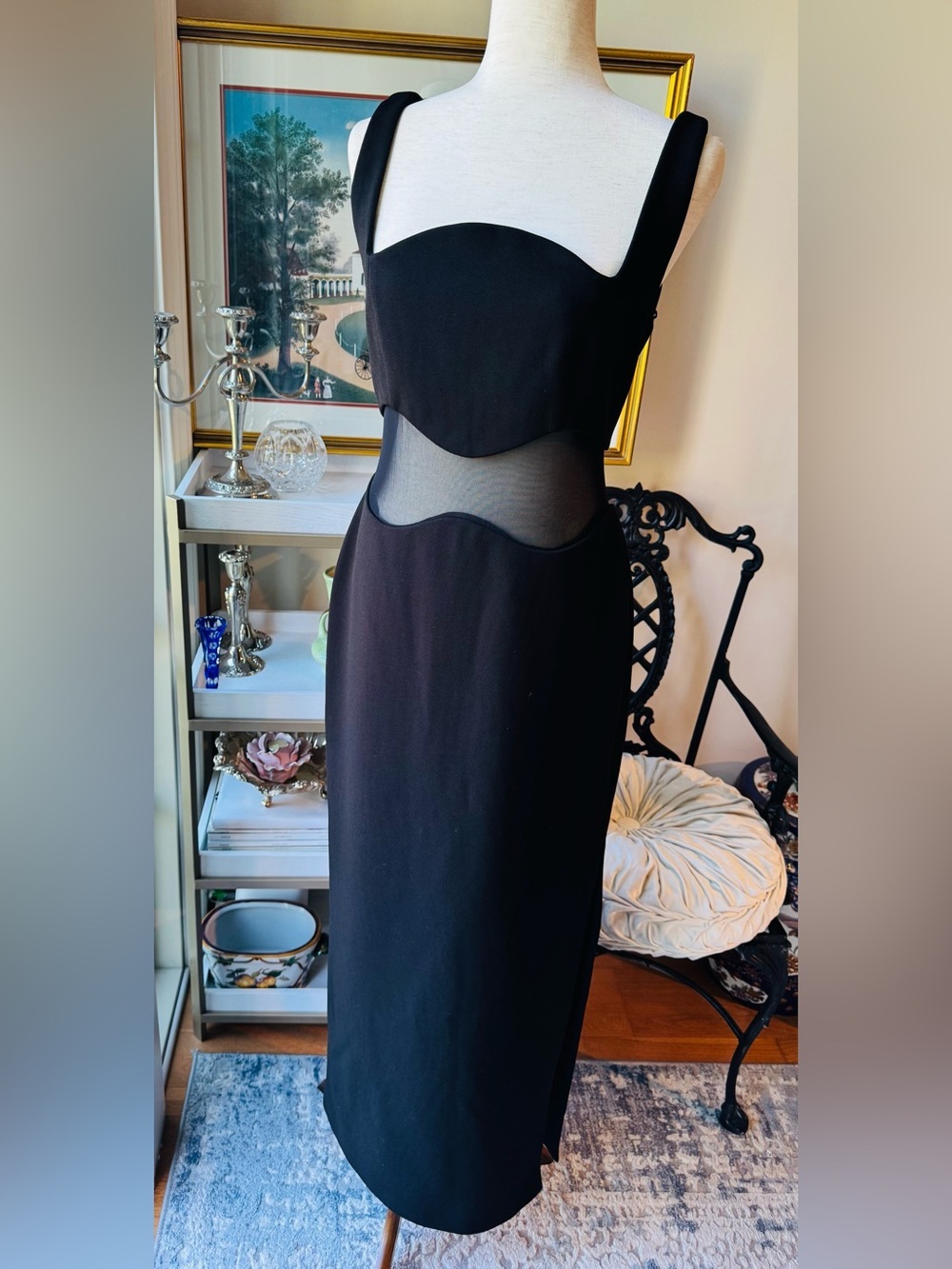 MISHA Danita Black and Sheer-Waist Midi Dress